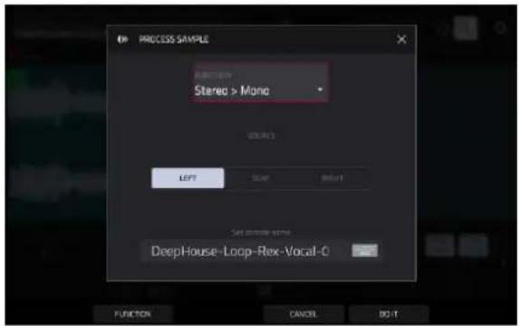 PROCESS SAMPLE AUDIO Stereo > Mono START LEFT OK Cancel Reset Set remote name DeepHouse-Loop-Rex-Vocal-0 FUNCTION CANCEL DO IT