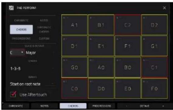 PAD PERFORM CHROMATIC NOTES CHROMS CHROMATIC CHROMS PROGRESSORS CUSTOM SAVE & DRIVE C Major CHROMS 1-3-5 START on root note Use Aftertouch A1 B1 C2 D2 D1 E1 F1 G1 GO AO BO C1 CO DO ED FO CHROMATIC NOTES CHROMS PROGRESSORS DETAIL