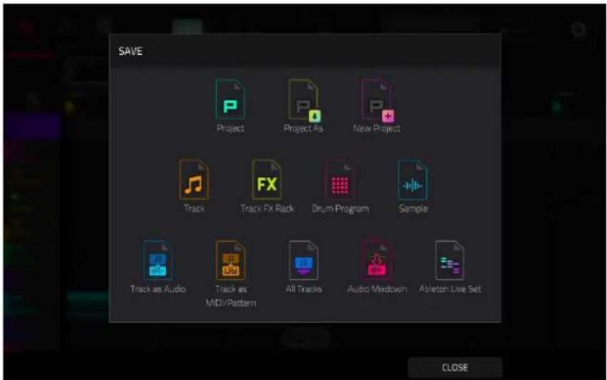 SAVE Project Project As New Project Track Track FX Rack Drum Program Sample Track as Audio Track as MIDI/Pattern All Tracks Audio Mixdown Ableton Live Set CLOSE