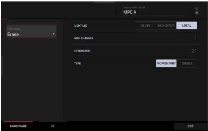 MIDI OUTPUT RIGHT MPC A CONTROL Erase LIGHT LED NEVER MIDI INPUT LOCAL MIDI CHANNEL 1 CC NUMBER 21 TYPE MOMENTARY TOGGLE HARDWARE XY EXIT