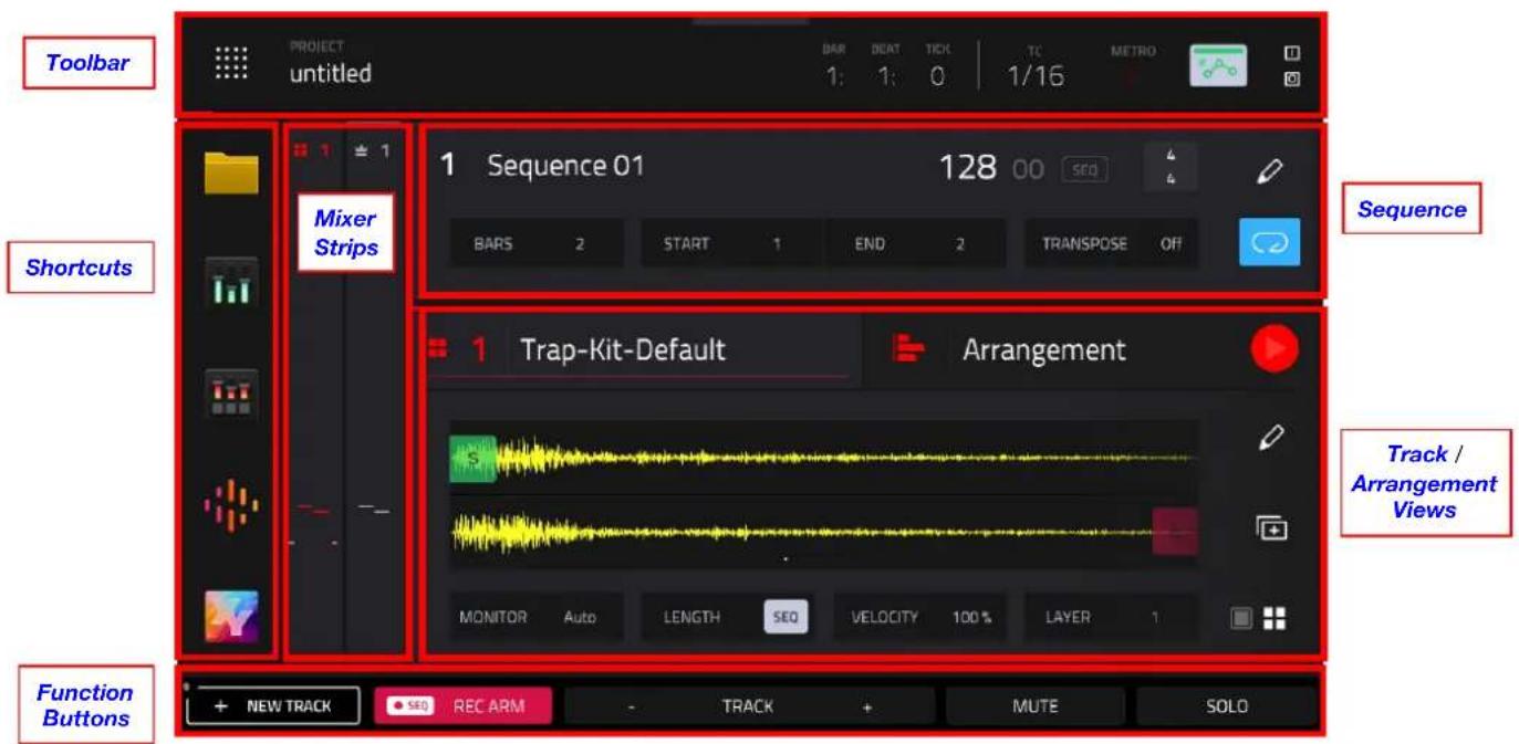 Toolbar PROJECT untitled BAR BEAT TICK TC METRO 1: 1: 0 1/16 Mixer Strips 1 Sequence 01 128 00 BARS 2 START 1 END 2 TRANSPOSE OFF Sequence Shortcuts 1 Trap-Kit-Default Arrangement MONITOR Auto LENGTH SEO VELOCITY 100% LAYER 1 Track / Arrangement Views Function Buttons + NEW TRACK + REC ARM - TRACK + MUTE SOLO
