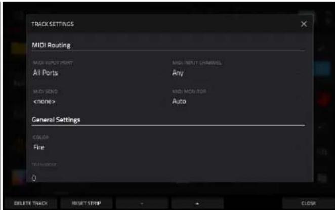TRACK SETTINGS MIDI Routing MIDI INPUT POINT MID INPUT CHANNEL All Ports Any MIDI SEND AND MONITOR Auto General Settings COLOR Fire TRANSMOD 0 DELETE TRACK RESET STRIP CLOSE