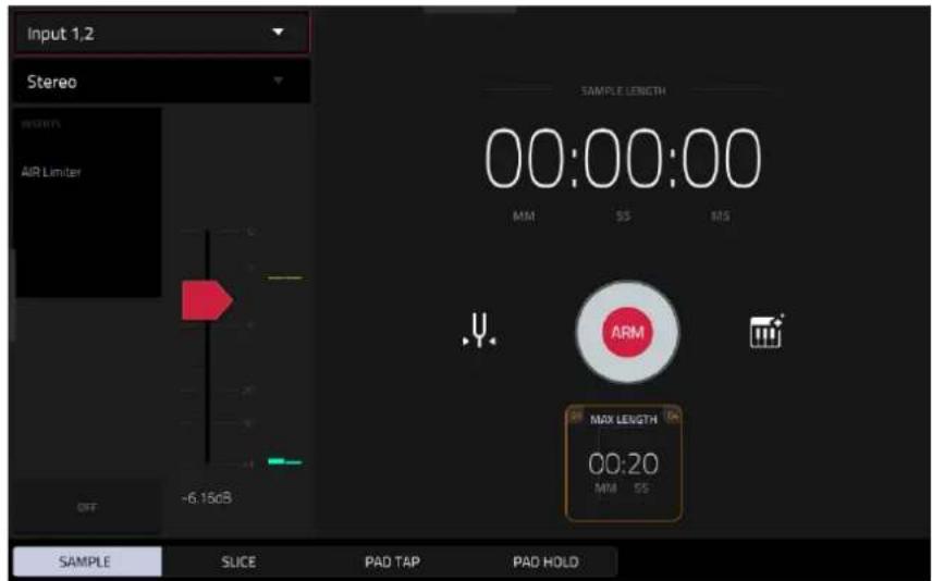 Input 1.2 Stereo AIF Limiter OFF -6.15dB SAMPLE LENGTH 00:00:00 MM SS MS ARM MAX LENGTH 00:20 MM 55 SAMPLE SLICE PAD TAP PAD HOLD