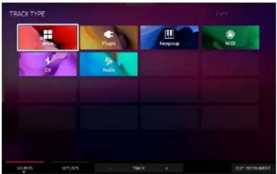 TRACK TYPE Drums Plugins Keygroup MIDI CV Audio SOUNDS SETLISTS TRACK EDIT INSTRUMENT