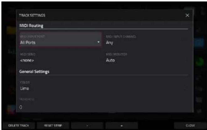 TRACK SETTINGS MIDI Routing MIDI INPUT POINT All Ports MIDI INPUT CHANNEL Any MIDI SENS MIDI MONITOR Auto General Settings COLOR Lime TRANSMALL 0 DELETE TRACK RESET STRIP CLOSE