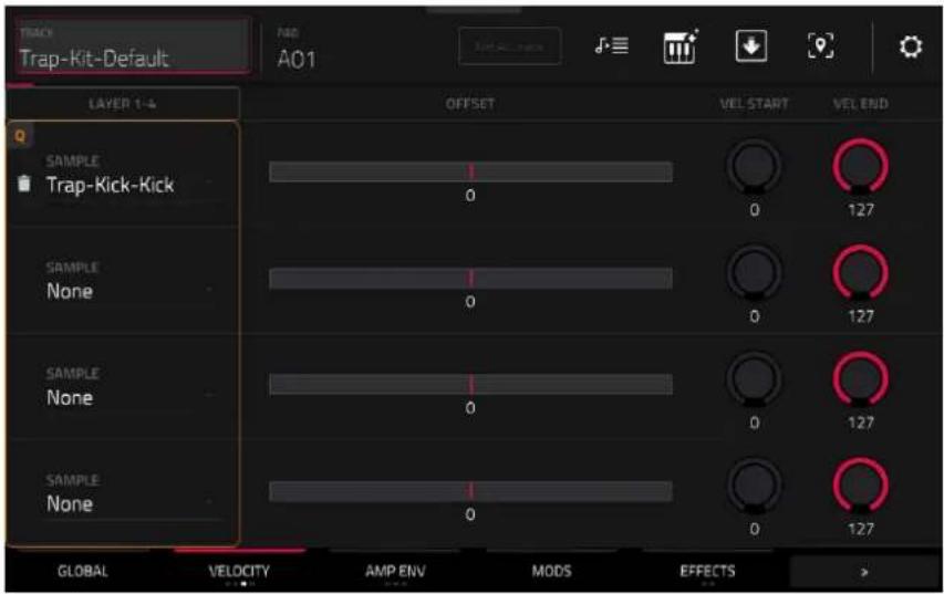 TRACK Trap-Kit-Default A01 LAYER 1-4 OFFSET VEL START VEL END SAMPLE Trap-Kick-Kick 0 0 127 SAMPLE None 0 0 127 SAMPLE None 0 0 127 SAMPLE None 0 0 127 GLOBAL VELOCITY AMP ENV MODS EFFECTS >