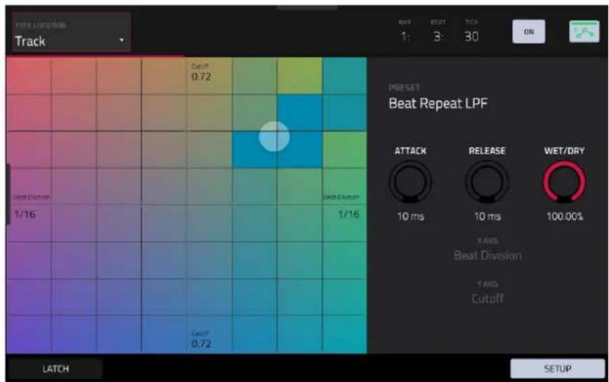 Track OFF 0.72 PRESET Beat Repeat LPF ATTACK RELEASE WET/DRY 10 ms 10 ms 100.00% YANG Beat Division YANG Cutoff 1/16 1/16 Cutoff 0.72 LATCH SETUP