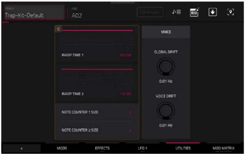 TRAP Trap-Kit-Default PAD A02 RAMP TIME 1 0.0 ms RAMP TIME 2 1.0 ms NOTE COUNTER 1 SIZE 2 NOTE COUNTER 2 SIZE 2 VOICE GLOBAL DRIFT 0.01 Hz VOICE DRIFT 0.01 Hz MODS EFFECTS LFO 1 UTILITIES MOD MATRIX