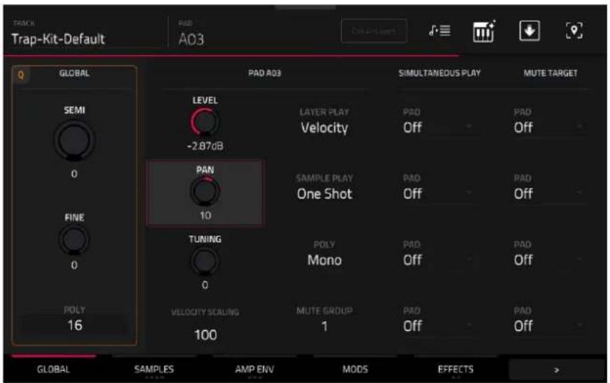 TRACK Trap-Kit-Default PAD A03 Global SEMI 0 FINE 0 POLY 16 PAD A03 LEVEL -2.87dB PAN 10 TUNING 0 VELOCITY SCALING 100 SIMULTANEOUS PLAY LAYER PLAY Velocity SAMPLE PLAY One Shot POLY Mono MUTE GROUP 1 SIMULTANEOUS PLAY PAD Off PAD Off PAD Off PAD Off PAD Off PAD Off MODS EFFECTS GLOBAL SAMPLES AMP ENV MODS MUTE TARGET GLOBAL SAMPLES AMP ENV MODS EFFECTS