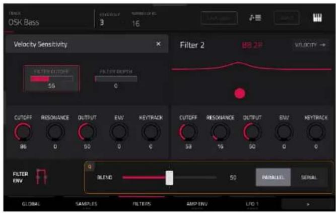 Noise OSK Bass 3 16 Velocity Sensitivity Filter 2 BB 2P VELOCITY → FILTER INTUSTRY 56 FILTER ELPTH 0 CUTOFF RESONANCE OUTPUT ENV KEYTRACK 86 0 50 0 0 CUTOFF RESONANCE OUTPUT ENV KEYTRACK 58 16 50 0 0 FILTER ENV BLEND 50 PARALLEL SERIAL GLOBAL SAMPLES FILTERS AMP ENV LFD 1 >