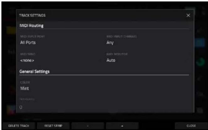 TRACK SETTINGS MIDI Routing MIDI INPUT POINT MID INPUT CHANNELS All Ports Any MIDI SADD AND MONITOR Auto General Settings COLOR Mint TENOMES 0 DELETE TRACK RESET STRIP CLOSE