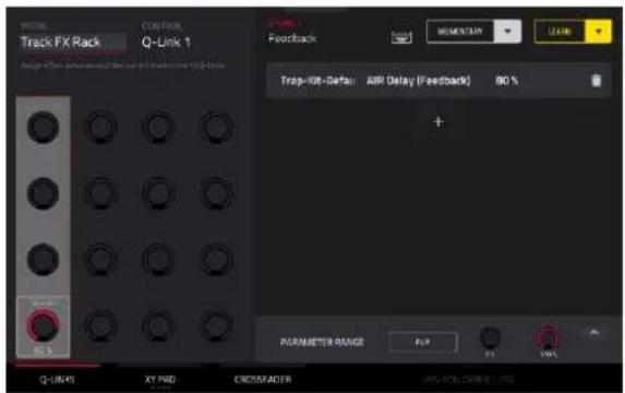 Track FX Rack Q-Link 1 Control MEMENTARY LEARN Feedback Trap-Kit-Default AIR Delay (Feedback) 80 % + PARAMETER RANGE FLI FL 100% Q-UNITS XY PAD CROSSFADER IMPOLYSIS / FTR
