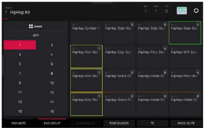 1 HipHop Kit GROUPS OFF 1 2 3 4 5 6 7 8 9 10 11 12 13 14 15 16 A... HipHop-Cymbal-5 A... HipHop-Kick-Stur A... HipHop-Kick-Stur A... HipHop-Cymbal-5 A... HipHop-Stab-Stur A... HipHop-Stab-Stur A... HipHop-Stab-Stur A... HipHop-Clap-Stur A... HipHop-Perc-Stur A... HipHop-SFX-Stur A... HipHop-Snare-Stur A... HipHop-Hillat-Stur A... HipHop-Perc-Stur A... HipHop-Kick-Stur A... HipHop-Snare-Stur A... HipHop-Hillat-Stur A... HipHop-Hillat-Stur PAD MUTE PAD GROUP CLEAR SOLOS TIME DIVISION TC PADS MUTE