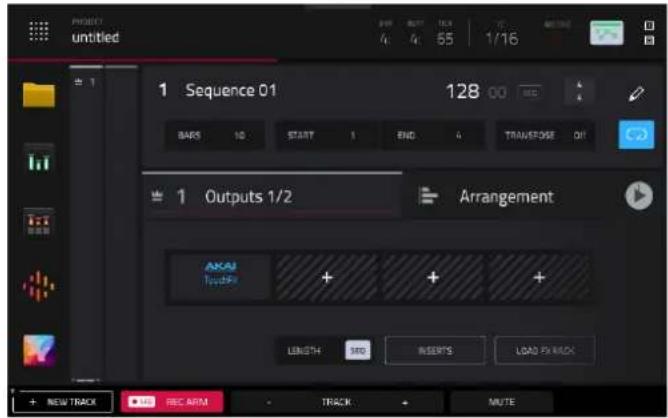 PROJECT untitled 1 Sequence 01 128 00 REC BARS 10 START 1 END 4 TRANSPOSE 01 1 Outputs 1/2 Arrangement AKAI Hydraz + + + LENGTH RED INSERTS LOAD FORACK + NEW TRACK REC ARM TRACK MUTE