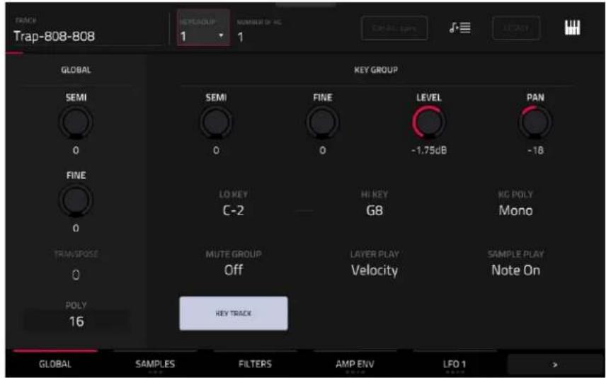 TRACK Trap-808-808 HKEYGROUP NUMBER OF NC 1 1 GLOBAL SEMI 0 FINE 0 TRANSPOSE 0 POLY 16 KEY GROUP SEMI 0 FINE 0 LEVEL -1.75dB -18 LO KEY C-2 HI KEY G8 NC POLY Mono MUTE GROUP Off LAYER PLAY Velocity SAMPLE PLAY Note On KEY TRACK GLOBAL SAMPLES FILTERS AMP ENV LFO 1 >