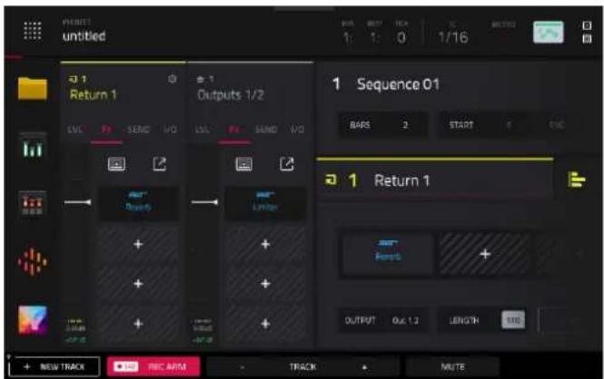 PICKETS untitled Q 1 Return 1 LVL F SEND V/O Q 1 Outputs 1/2 LVL F SEND V/O 1 Sequence 01 BARS 2 START END Q 1 Return 1 Ramps + OUTPUT OUT 1.2 LENGTH 100 + NEW TRACK REC ARM TRACK MUTE