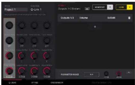 Project 1 Q-Link 1 Outputs 1/2 Volume OUTPUTS 1/2 Volume 0.00dB + PARAMETER RANGE Q-Link45 XY PAD EXOSCADER C:\WINDOWS\CHN5\CP3