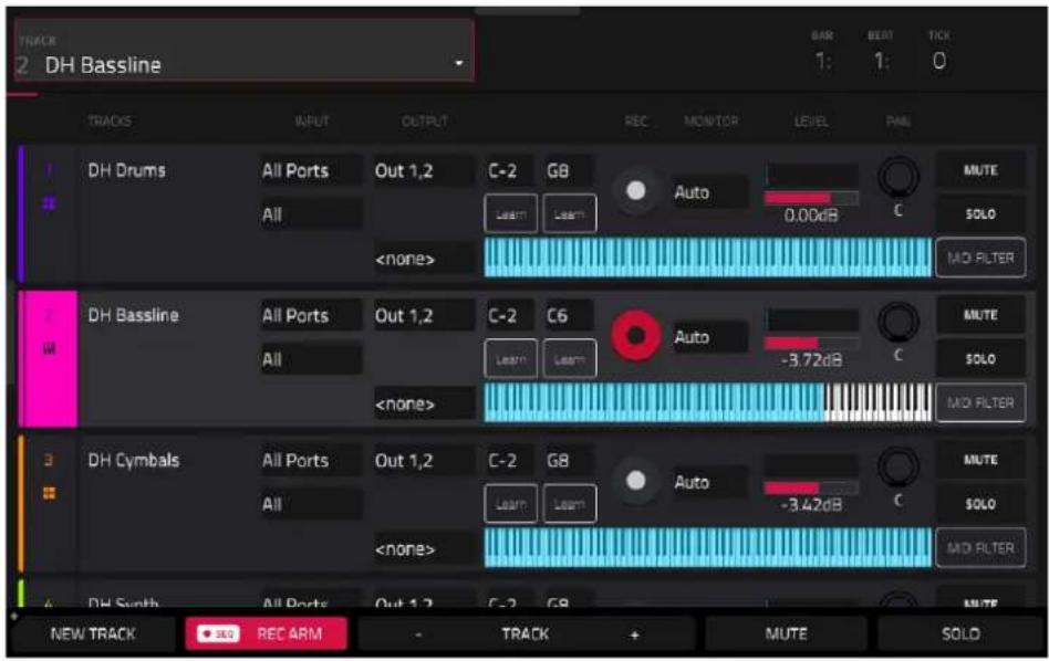 TRACK 2 DH Bassline BAR BEST TICK 1: 1: 0 TRACKS INPUT OUTPUT REC MONITOR LEVEL PANEL DH Drums All Ports Out 1,2 C-2 GB Auto 0.00dB MUTE All Learn Learn SOLO DH Bassline All Ports Out 1,2 C-2 C6 Auto -3.72dB C MUTE All Learn Learn SOLO DH Cymbals All Ports Out 1,2 C-2 G8 Auto -3.42dB C MUTE All Learn Learn SOLO DH South All Ports Out 1,2 C-2 G8 AUTO MUTE SOLD NEW TRACK SLO REC ARM TRACK + MUTE SOLD