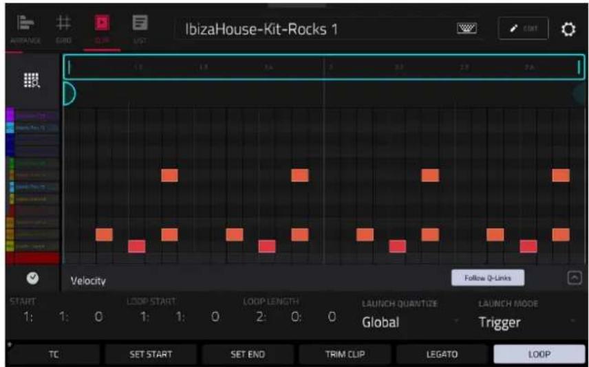 IbizaHouse-Kit-Rocks 1 Velocity Start 1: 1: 0 LOOP START 1: 1: 0 LOOP LENGTH 2: 0: 0 LAUNCH QUANTIZE Global LAUNCH MODE Trigger TC SET START SET END TRIM CLIP LEGATO LOOP