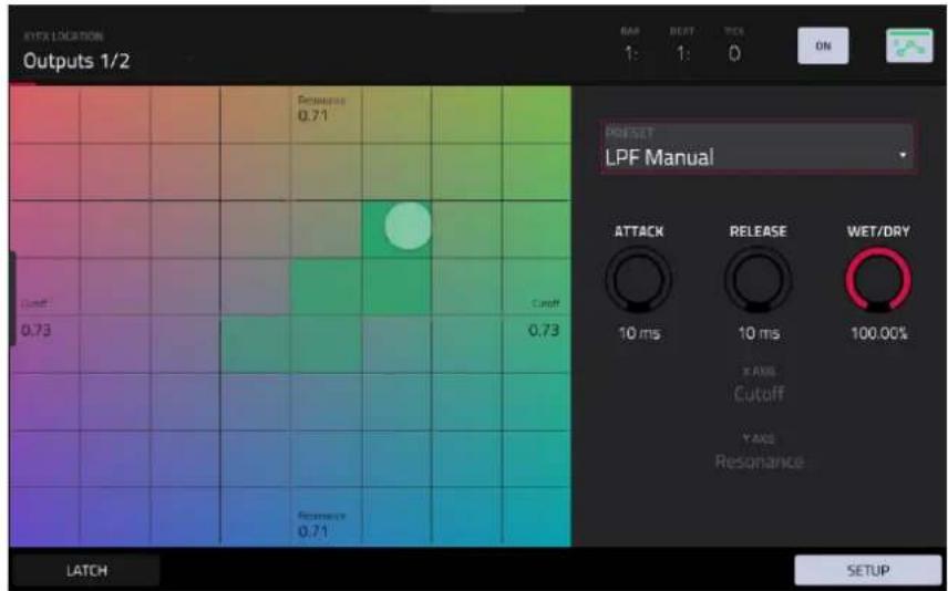 OUTPUTS 1/2 BAS BEAT POS ON 1: 1: 0 RESET LPF Manual ATTACK RELEASE WET/DRY 10 ms 10 ms 100.00% T-AXL Cutoff Y-AXL Resonance LATCH SETUP