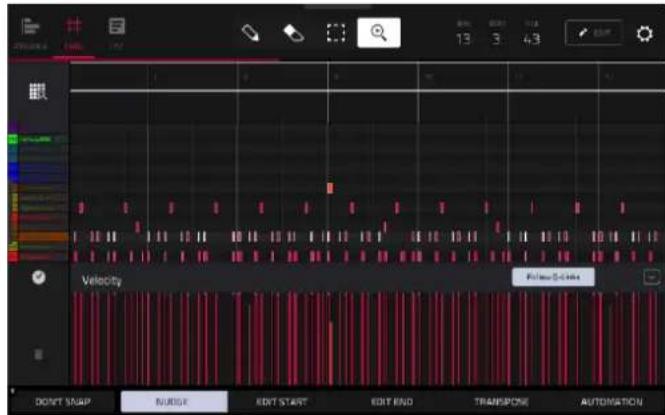 13 3 43 Velocity Follow Pulse DON'T SUMP NURGER EDIT START EDIT END TRANSPOSE AUTOMATION