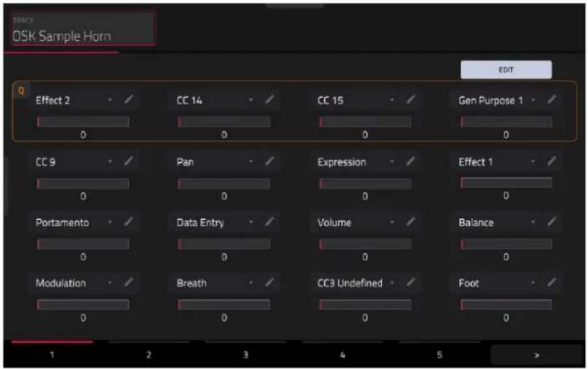 TRACK OSK Sample Horn EDIT Effect 2 CC 14 CC 15 Gen Purpose 1 0 0 0 0 CC 9 Pan Expression Effect 1 0 0 0 Portamento Data Entry Volume Balance 0 0 0 Modulation Breath CC3 Undefined Foot 0 0 0 1 2 3 4 5 >