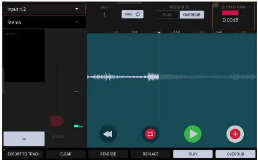 Input 1.2 Stereo BARS 1 SYNC RECORD TO PLAY OVERDUB OUTPUT GAIN 0.00dB IN -40 dB EXPORT TO TRACK CLEAR REVERSE REPLACE PLAY OVERDUB