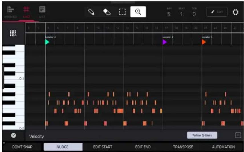 AUTOMANCE GND 5:1 5:1 0 C.1 C.2 Velocity Follow Q-Links DON'T SNAP NUDEGE EDIT START EDIT END TRANSPOSE AUTOMATION