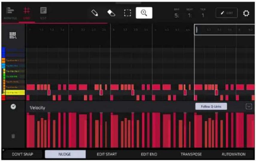NUTTER SND LIST BAR BEAT TECK 5: 1: 1 EAST Velocity Follow Q-Links DON'T SNAP NUDGE EDIT START EDIT END TRANSPOSE AUTOMATION