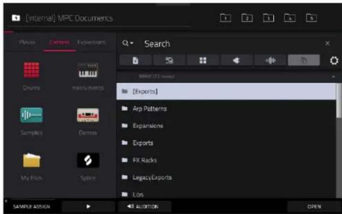 [Internal] MPC Documents Planes Costers Expansions Drums Instruments Samples Demons My Plac Spike Sample ASSIGN ALDITION OPEN Search NAME 123 (Name) [Exports] Arp Patterns Expansions Exports FX Racks Legacy Exports Lbs