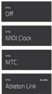 SYNC Off SYNC MIDI Clock SYNC MTC SYNC Ableton Link Q Links