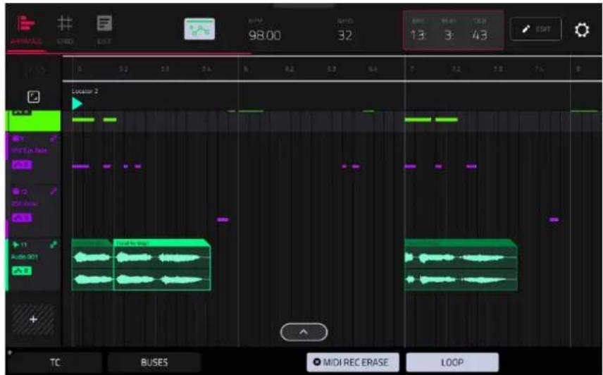 AVANCE GND LIST 98.00 32 13: 3:43 Locuser 2 TC BUSES MIDI REC ERASE LOOP