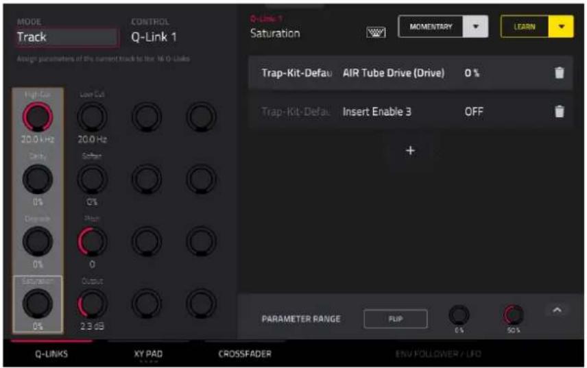 MODE Track CONTROL Q-Link 1 Assign parameters of the current track to the 16 Q-Links High Gain 20.0 kHz 20.0 Hz Gain 0% Degenerate 0% Frequency 0% Control 2.3 dB Q-Link 1 Saturation MOMENTARY LEARN Trap-Kit-Default AIR Tube Drive (Drive) 0 % Trap-Kit-Default Insert Enable 3 OFF + PARAMETER RANGE FUP 5% 50% Q-LINKS XY PAD CROSSFADER ENV FOLLOWER / LFD