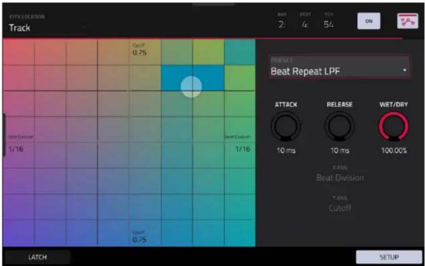 KITFX LOCATION Track BAR BEAT TCR ON 2 4: 54 RESET Beat Repeat LPF ATTACK RELEASE WET/DRY 10 ms 10 ms 100.00% E-ACC Beat Division Y-AUG Cutoff Goff 0.75 Goff 0.75 1/16 LATCH SETUP