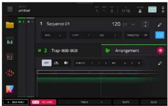 Untitled 1 Sequence D1 120 00 BARS 2 START END 2 TRANSPOSE OFF 2 Trap-80B-80B Arrangement OFF PUDGETS 1 2 OUT 3 4 5 BEA TRACK REC.AWS TRACK SOUT SOLD