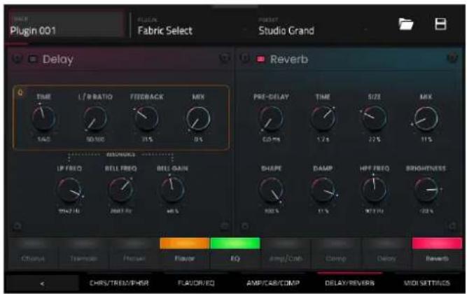 Back Plugin 001 FLOON Fabric Select PRESIST Studio Grand Delay TIME L/P RATIO FEERBACK MIX 1/40 50/100 35% 0% REVERB PRE-DELAY TIME SIZE MIX 60 ms 1.2 s 27% 11% IF FREQ BELL FREQ BELL GAIN SHAPE DAMP HFF FREQ BRIGHTNESS 100% 11% 97% 100% 128% Chropal Thermocor Fluorier Flavor EQ amp/Cab Comp Delay Reversis CHRS/TREM/FNER FLAVOR/EO AMPS/C/B/COMP DELAY/REVERS MIDI SETTINGS