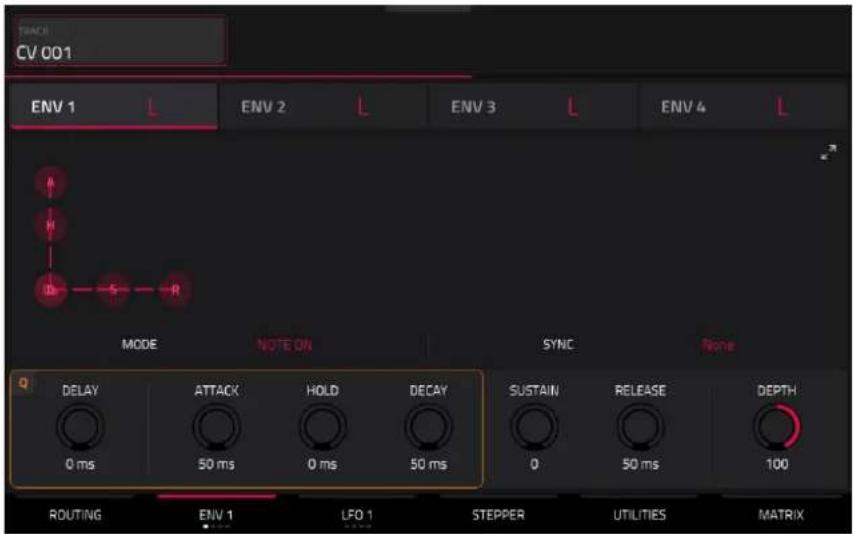 TRACK CV 001 ENV 1 ENV 2 ENV 3 ENV 4 MODE NOTE ON SYNC None Q DELAY ATTACK HOLD DECAY SUSTAIN RELEASE DEPTH 0 ms 50 ms 0 ms 50 ms 0 50 ms 100 ROUTING ENV 1 LFO 1 STEPPER UTILITIES MATRIX