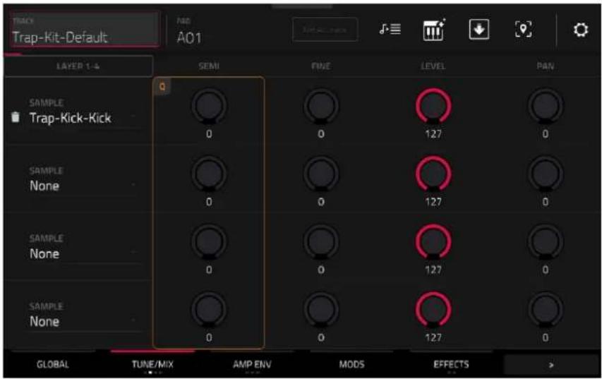 TRACK Trap-Kit-Default A01 LAYER 1-4 SEM FINE LEVEL PAN SAMPLE Trap-Kick-Kick 0 0 127 0 SAMPLE None 0 0 127 0 SAMPLE None 0 0 127 0 SAMPLE None 0 0 127 0 GLOBAL TUNE/MIX AMP ENV MODS EFFECTS >