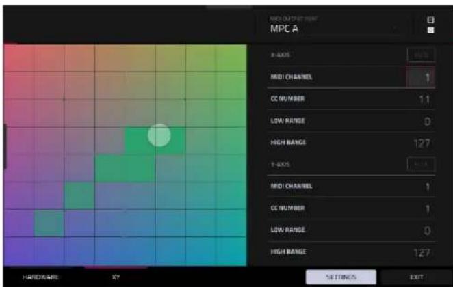 MPC A MIDI CHANNEL CC NUMBER LOW RANGE HIGH RANGE T-AXIS MIDI CHANNEL CC NUMBER LOW RANGE HIGH RANGE 127 1 1 0 127 HARDWARE XY SETTINGS EXIT
