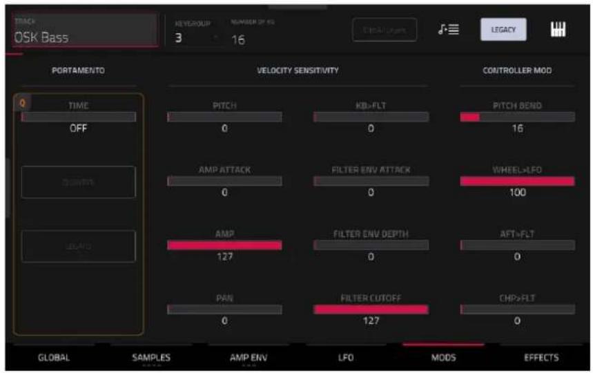 TRACK OSK Bass REVERGROUP NUMBER OF 80 3 16 LEGACY PORTAMENTO VELOCITY SENSITIVITY CONTROLLER MOD TIME OFF AMP ATTACK FILTER ENV ATTACK WHEEL-LFO 0 0 100 AMP 127 FILTER ENV DEPTH AFT-FLT 0 0 0 PAN FILTER CUTOFF CMP-FLT 0 127 0 GLOBAL SAMPLES AMP ENV LFO MODS EFFECTS