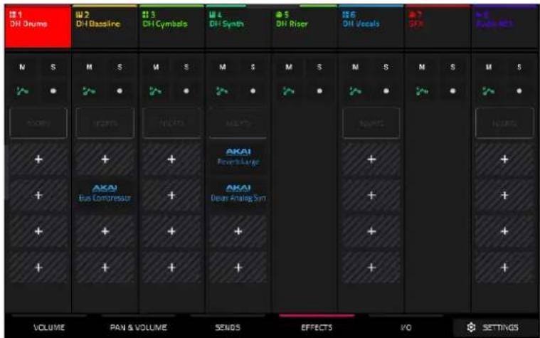 1 DH Drums 2 DH Baseline 3 DH Symbols 4 DH Synth 5 DH Riser 6 DH Vocals 7 SFX 8 Audio 9 VOLUME 10 PAN & VOLUME 11 SENDS 12 EFFECTS 13 VO 14 SETTINGS