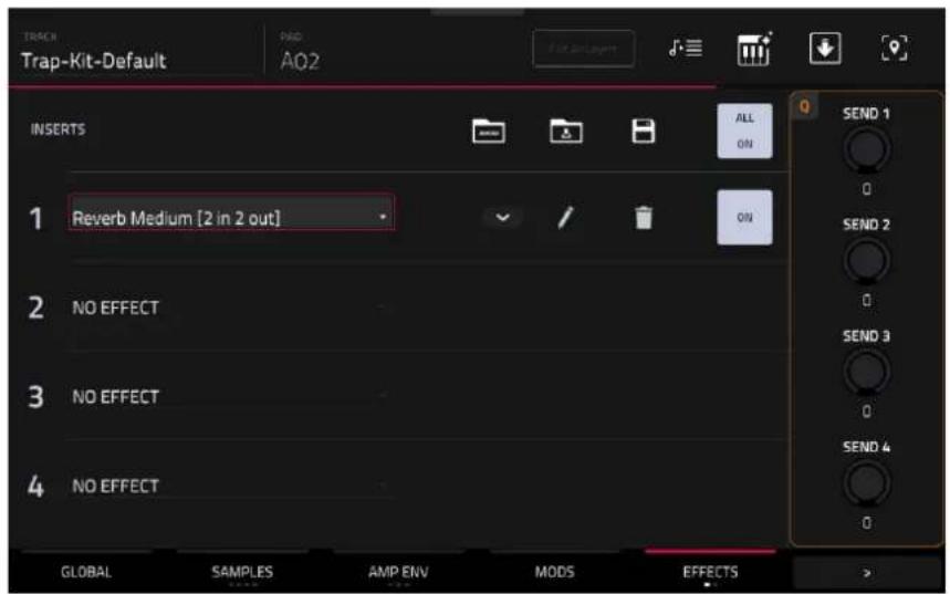 TRACK Trap-Kit-Default PAD A02 INSERTS 1 Reverb Medium [2 in 2 out] 2 NO EFFECT 3 NO EFFECT 4 NO EFFECT GLOBAL SAMPLES AMP ENV MODS EFFECTS ALL ON SEND 1 0 SEND 2 0 SEND 3 0 SEND 4 0 SEND 5