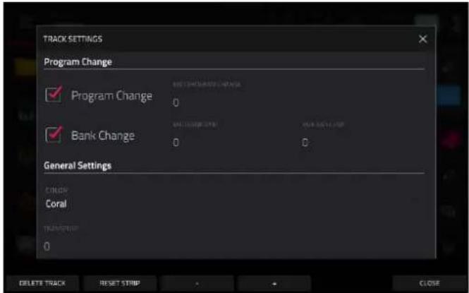 TRACK SETTINGS Program Change ✓ Program Change 0 ✓ Bank Change 0 General Settings CORN Coral TRANSFER 0 DELETE TRACK RESET STRIP CLOSE