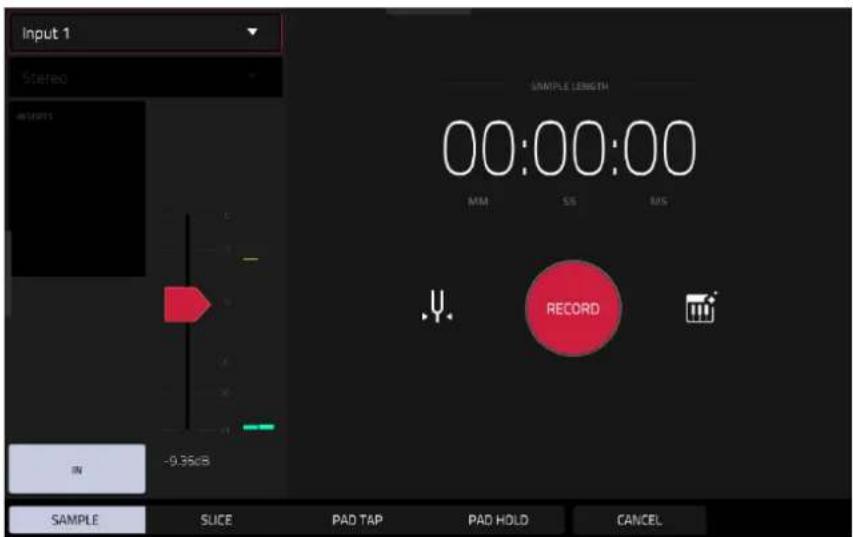 Input 1 Stereo SAMPLE LENGTH 00:00:00 MM SS MS Y. RECORD IN -9.36GB SAMPLE SUCER PAD TAP PAD HOLD CANCEL