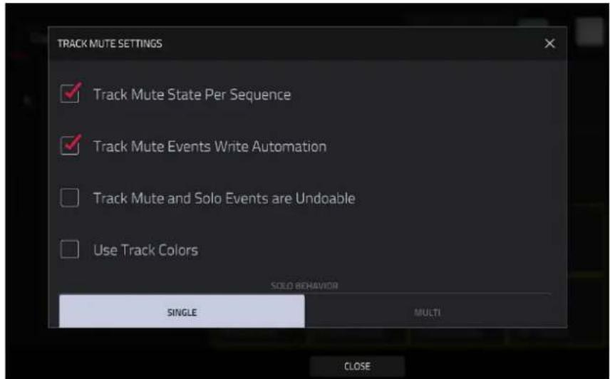 TRACK MUTE SETTINGS ✓ Track Mute State Per Sequence ✓ Track Mute Events Write Automation ☐ Track Mute and Solo Events are Undoable ☐ Use Track Colors SOLD BEHAVIOR SINGLE MULTI CLOSE