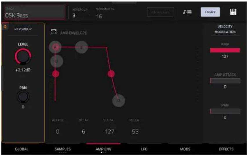 TRACK OSK Bass KEYGROUP 3 16 LEGACY Q KEYGROUP LEVEL +2.12dB PAN 0 AMP ENVELOPE A S R VELOCITY MODULATION AMP 127 AMP ATTACK 0 PAN 0 ATTICK DECAY SUGTA RELEASE 0 6 127 53 GLOBAL SAMPLES AMP ENV LFO MODS EFFECTS