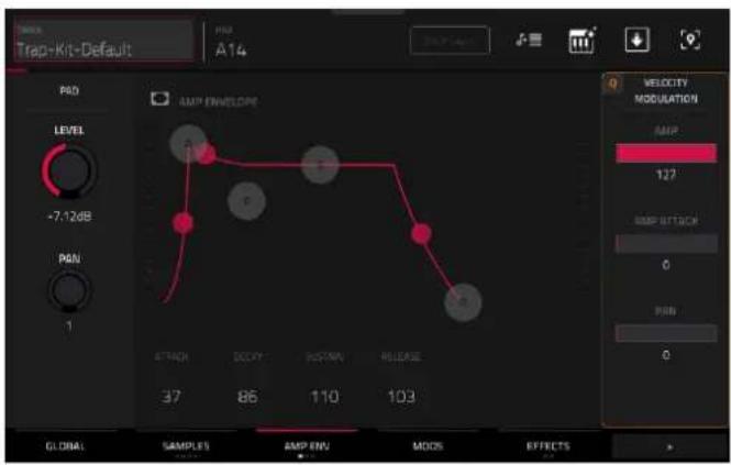 TRAP-Kit+Default A14 PRO LEVEL +7.12dB PAN 1 AMP ENVELOPE VELOCITY MODULATION AMP 127 AMP ATTACK 0 PAN 0 ATTACH BODY BOTTOM RELEASE 37 86 110 103 GLOBAL SAMPLES AMP ENV MODS EFFECTS