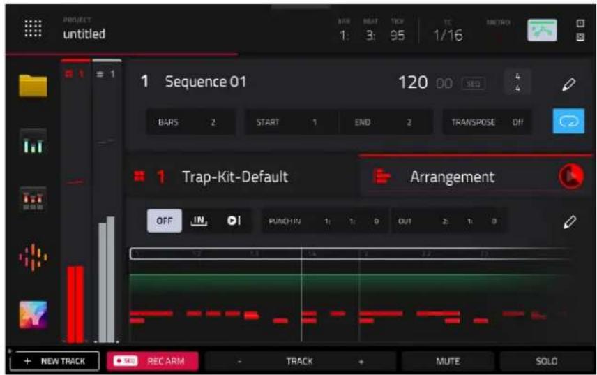 PROJECT untitled NMR BEAT TCK TC NETRO 1: 3: 95 1/16 1 Sequence 01 120 00 SED 4 BARS 2 START 1 END 2 TRANSPOSE OFF 1 Trap-Kit-Default Arrangement OFF IN PUNCH IN 1: 1: 0 OUT 2: 1: 0 + NEW TRACK REC ARM - TRACK MUTE SOLO