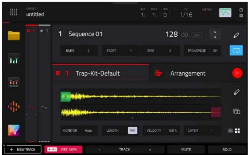 PROJECT untitled BAR BEAT TON TC METRO 1: 1: 0 1/16 1 Sequence 01 128 00 BARS 2 START 1 END 2 TRANSPOSE OFF 1 Trap-Kit-Default Arrangement MONITOR Auto LENGTH SMO VELOCITY 100% LAYER 1 + NEW TRACK REC ARM - TRACK + MUTE SOLO