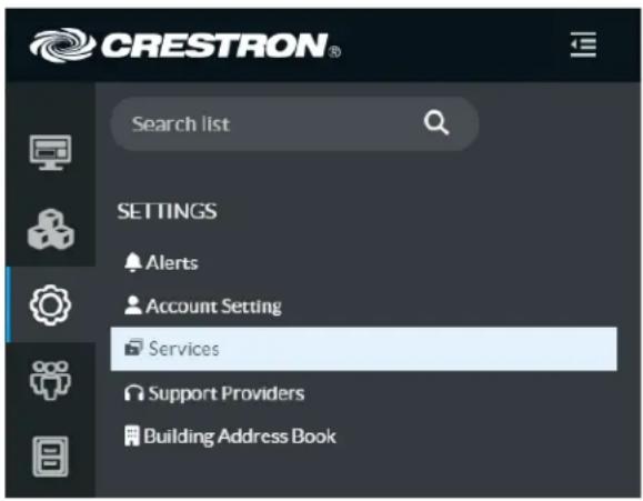 CRESTRON® Search list SETTINGS Alerts Account Setting Services Support Providers Building Address Book